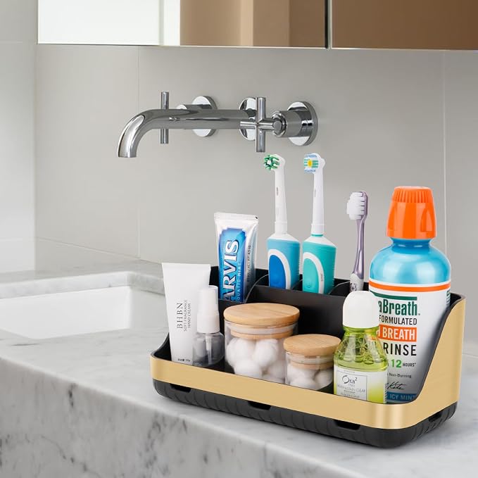 GFWARE Gold Toothbrush Holders for Bathrooms Countertop Organizer - Detachable 7 Slots Electric Toothbrush and Toothpaste Holder, Kids Organization and Storage, Restroom Accessories Vanity Stuff