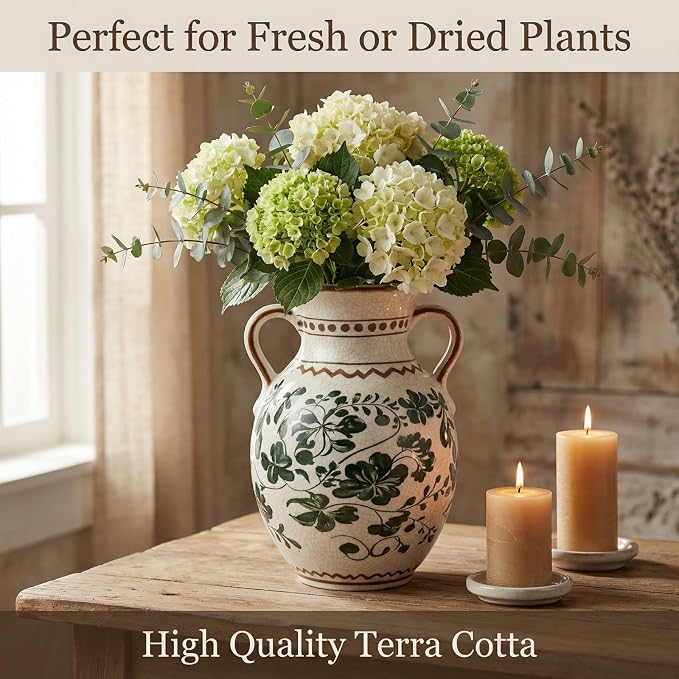 EFISPSS Ceramic Vintage Vase Decorative Spring Decor Chinese Crackle Floral Handle for Dining Room Living Room Green