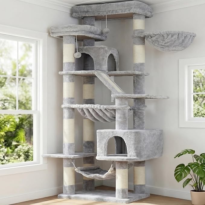 Heybly Cat Tree, 71-Inch-Tall Tower for Indoor Cats with 2 Perches HCT034W | Large Cat Furniture with 2 Big Condos, 2 Hammocks, Basket, Scratching Pad, Multi-Level Cat Condo, Light Gray