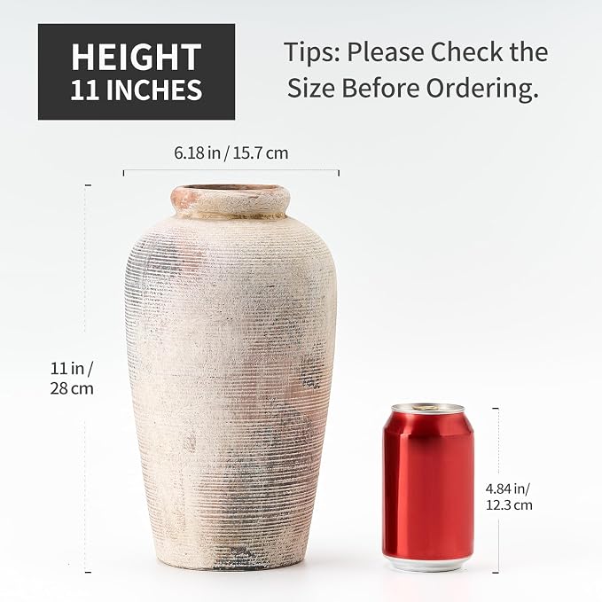 Emotionally Grounded Vase, Vaseking Large Ceramic Rustic Vase, 11 inch Minimalist Decorative Farmhouse Tall Vases for Home Decor, Living Room, Enterway, Table Decoration, Fired Terra Clay