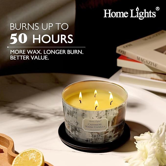 HomeLights Scented Candles for Women & Men, 18oz Candle Jars Aromatherapy 4-Wick Candle, Ideal for Industrial Chic Home Decor and Gifts, Cashmere Warm Vanilla