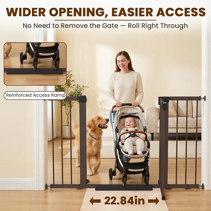 Mumeasy 29.7-48" Baby Gate for Stairs, Pressure Mounted Dog Gate for Doorways, Extra Wide Walk Thru Safety Pet Gate for Doors with Auto Close, Easy Install Child Gate for Hallway Indoor House, Brown