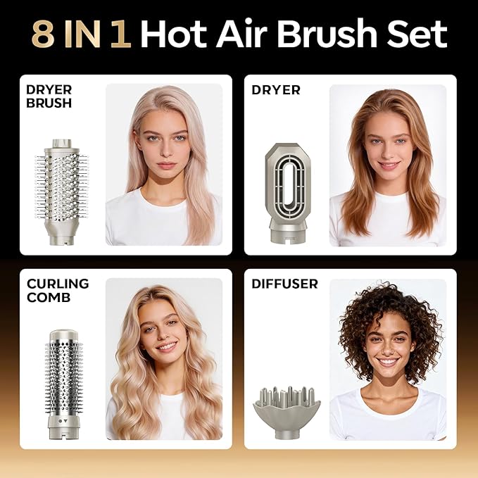 Lavomist 8-in-1 Dual Voltage Hot Air Styler & Hair Dryer Brush for Fast Drying, Frizz-Free Styling, with Straightener & Curler, 110,000 RPM, Includes Travel Bag