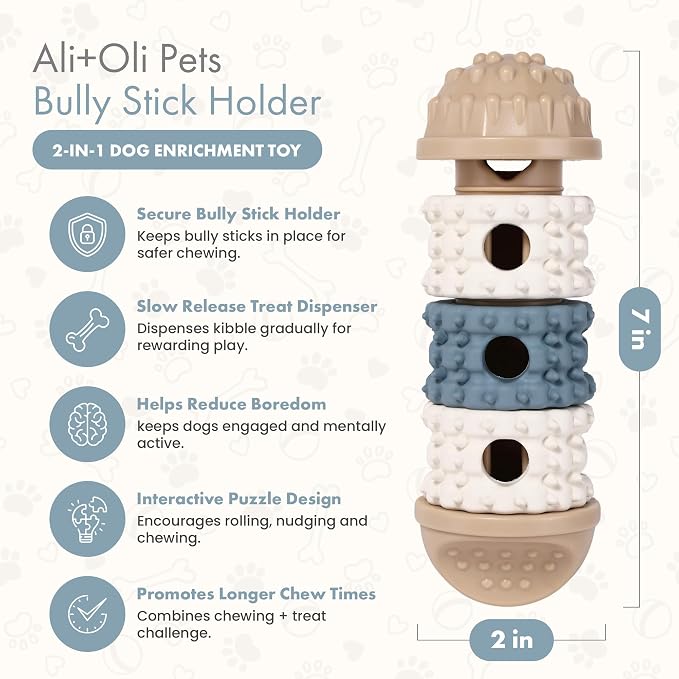 Ali+Oli Pets Bully Stick Holder & Treat Dispensing Dog Toy – Interactive Dog Puzzle Toy for Boredom, Slow Release Kibble Dispenser, Durable Dog Chew Holder for Safe Long-Lasting Play