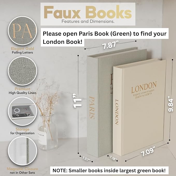 Decorative Books with Storage – Set of 2 Faux Linen Book Boxes with Gold Stamped Covers – Enhance Your Coffee Table, Bookshelf or Mantle Decor – Hidden Storage for Photos, Keepsakes, and Jewelry