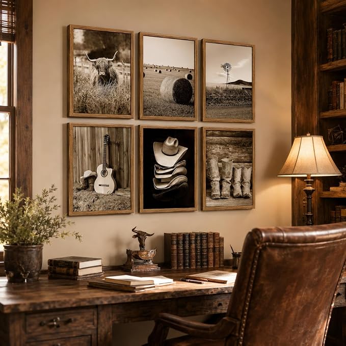 6Pcs Vintage Western Cowboy Wall Art, Highland Cattle Prints, 10" L x 8" W | Rustic Farmhouse Canvas Posters, Country Western Style Wall Decor for Bedroom and Kitchen, Framed