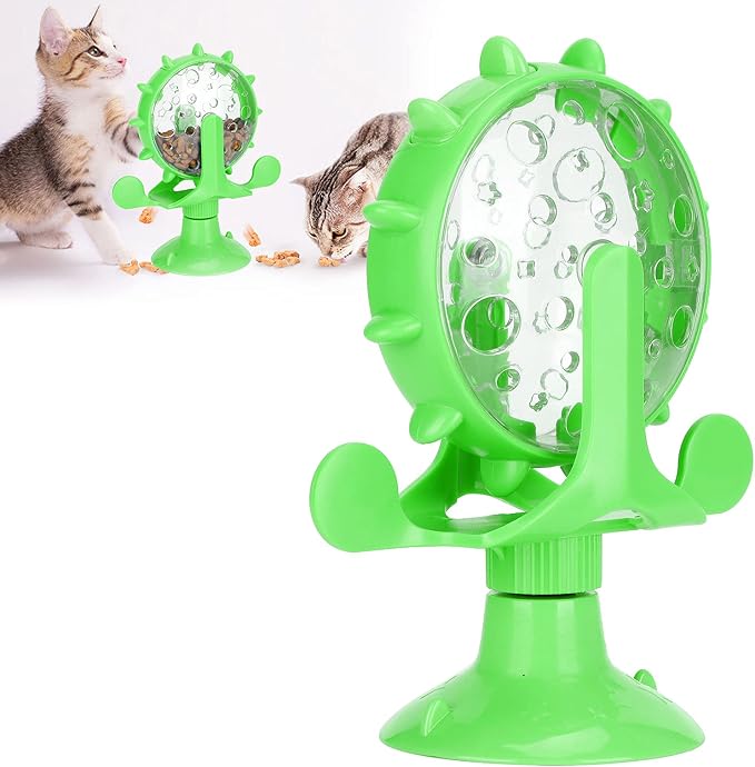 VINGVO Cat Treat Dispenser Toy, Interactive Cat Feeder 360 Degree Rotating Windmill Leaking Food Toy for Indoor Cats with Suction Cup Cat Camera Treat Dispenser Cat Treat Dispenser Toy