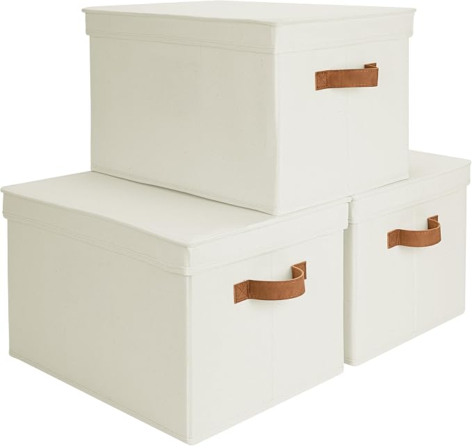 StorageWorks Storage Bins with Lids, Decorative Storage Boxes with Lid and PU Handles, Foldable Storage Baskets for Closet, Shelves, Stackable, Ivory, Jumbo, 3-Pack | Lidded Dust-proof, Easy Pull Handles, Foldable, Stackable, Ideal for Clothes Blanket ...