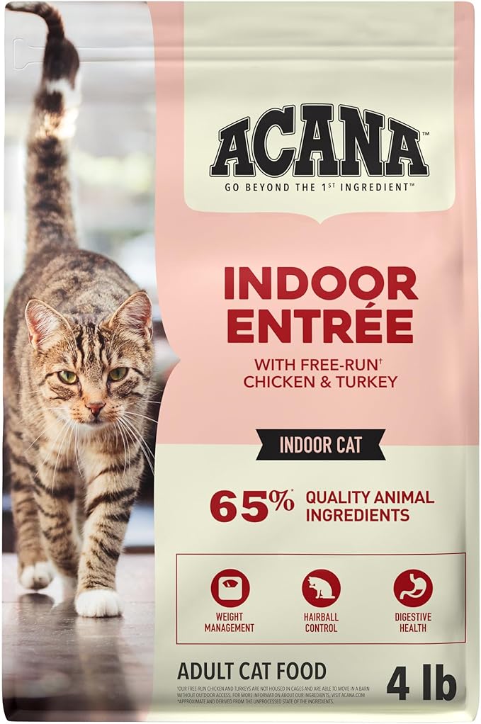 ACANA Dry Cat Food for Indoor Cats Indoor Entrée Chicken Turkey 4lb Bag | Includes Probiotics, Digestive Health, Weight Management, Free-Run Poultry, World's Finest Ingredients