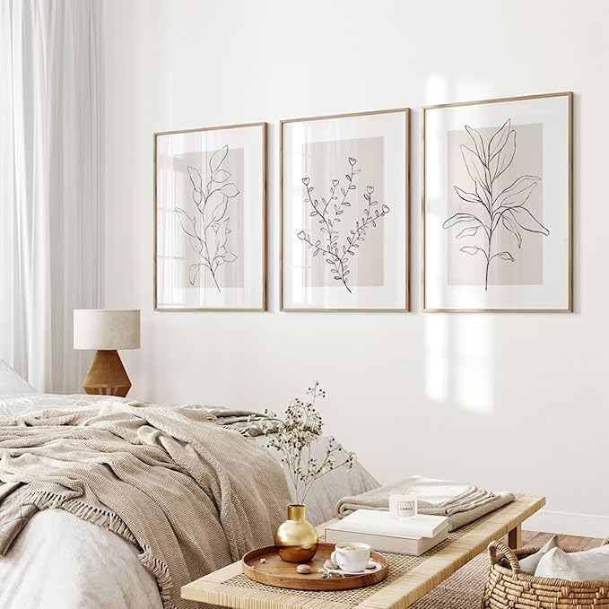 Neutral Botanical Prints Wall Art Decor Plant Minimalist Canvas Pictures Vintage Beige Wall Art Modern Farmhouse Line Poster Boho Abstract Painting Artwork for Bedroom 16x24 Inch Unframed Set of 3