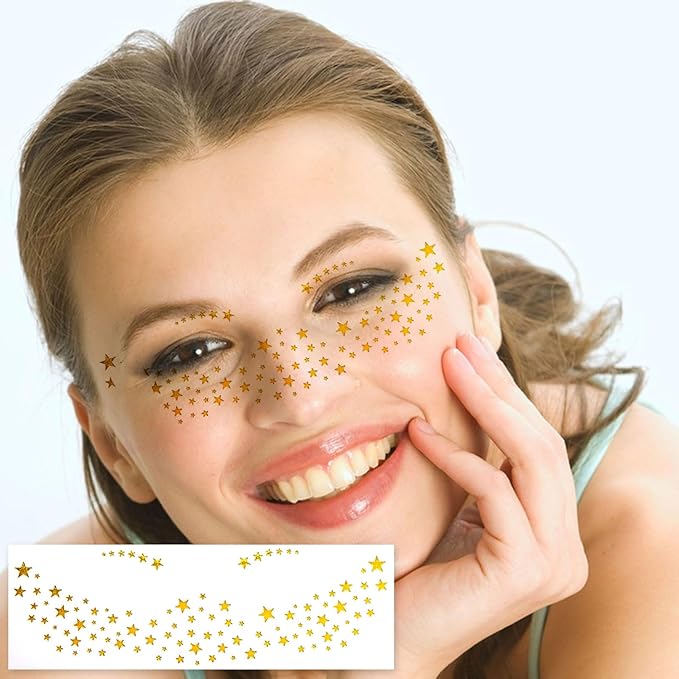 Gold Freckle Tattoo for Halloween - Glitter Temporary Face & Body Tattoos Set (8 Sheets) - Butterfly, Heart & Floral Fake Freckles for Women, Girls, Festival, Party, Costume Accessories