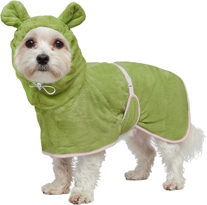 Dog Bathrobe Super Absorbent Towel Robe - Microfiber Bath Towels Fast Drying Coat for Dogs, Cute Dogs Clothes Adjustable Collar & Belly Strap Warm Keeping Hooded Dog Towel (Olive Green, Medium)