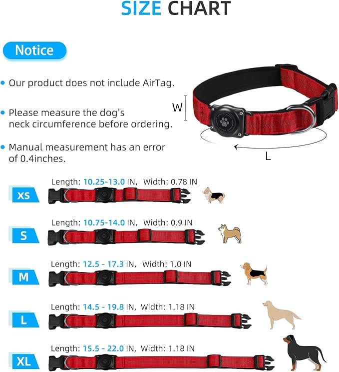 Upgrade Dog Collar with AirTag Holder, IP68 Waterproof, Red, XL | Built-in Water Resistant AirTag holder, 1000D Nylon, Reflective Stitching for Night Visibility, Soft padding for Comfort
