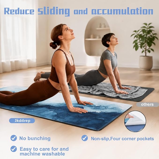 Yoga Mat Towel, Hot Yoga Non Slip with 4 Corner Pockets, 74 x 26 in | Soft Absorbent Microfiber With Four Corner Pockets, Fits Over Yoga Mats For Hot Yoga, Pilates, Gym, And Travel