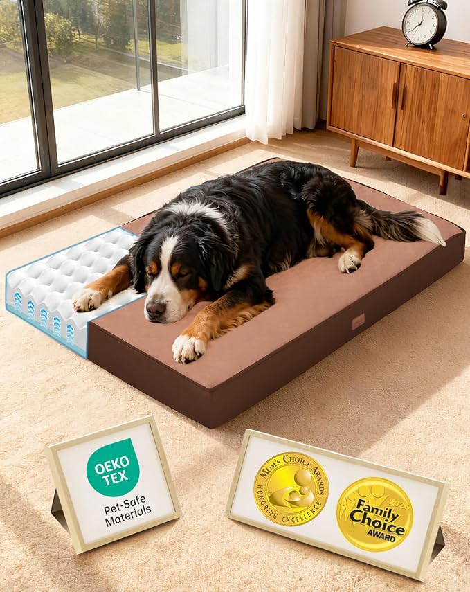 OhGeni Orthopedic Waterproof Large Dog Bed, Memory Foam, 47 inch(Brown) | Machine-Washable Removable Cover in Easy-Clean Fabric, Reversible Memory Foam & Easy-Carry Handle, Suitable for Crate