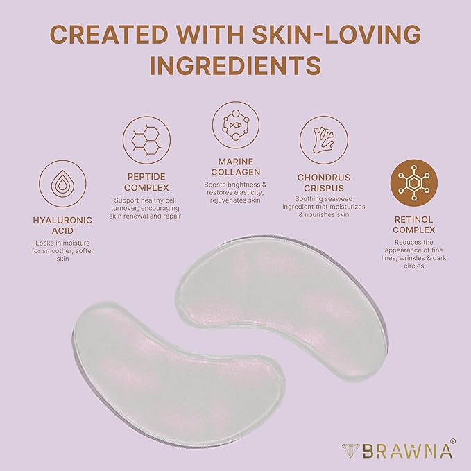BRAWNA Under Eye Patches – Hydrogel Masks with Retinol, Collagen & Hyaluronic Acid – For Puffy Eyes, Wrinkles, Eye Bags & Dark Circles – Pearl Glow – 24 Pairs