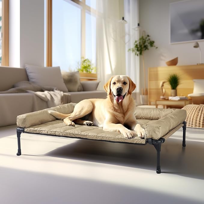 Veehoo Outdoor Elevated Dog Bed with Waterproof Bolster Cushion, Cooling | Raised Dog Bed with Removable & Washable Mat Topper, Breathable Mesh, Dog Couch Cot for Indoor Outdoor, 42", Large, Beige