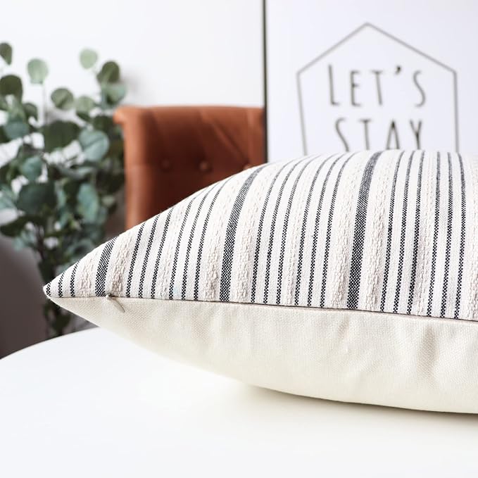 Black Striped Outdoor Lumbar Pack of 2 Throw Pillow Covers 12x20 | Farmhouse Pillow Cases Decorative Throw Pillows for Couch Sofa Bed Black and Cream