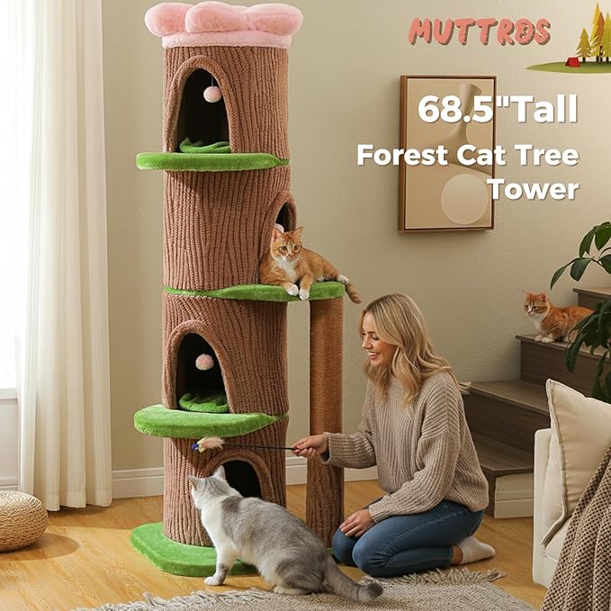 MUTTROS 68.5" Forest Cat Tree Tower with 4 Condos & Flower Top Bed, Brown | Tree-look design, 3.8in thick sisal post, 4 spacious condos, Flower top bed, Heavy duty build, Multi-cat homes