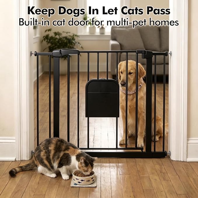 31-46“ Metal Pet Gate with Cat Door, Auto Close, Black | Pressure Mounted,Two-way swing door,Pressure mounted no drill setup,adjustable 31-46in width for indoor doorways & stairs