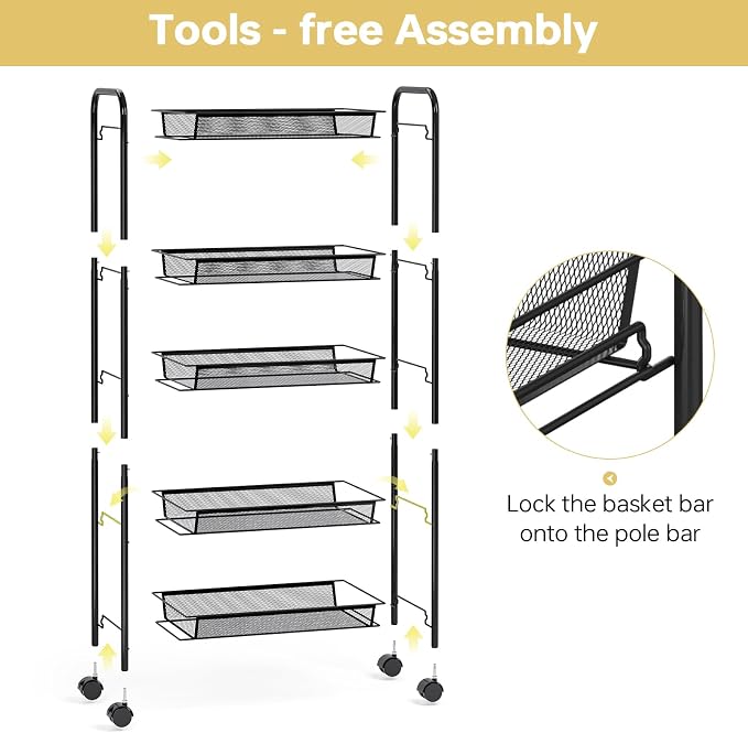 TOOLF 5 Tier Rolling Cart, Metal Utility Storage Cart with Wheels, Black | 3 Hooks, Screwless Assembly, Trolley Organizer for Bathroom, Kitchen, Office, Nursery, Dorm, Laundry Room