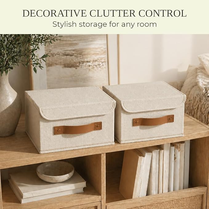 Decorative Linen Storage Boxes with Lids - Spacious Set of 2 Organizer Bins | The Perfect Small Container for Home Decor - Safely Store Photos, Documents and Memory Box Keepsakes in Style