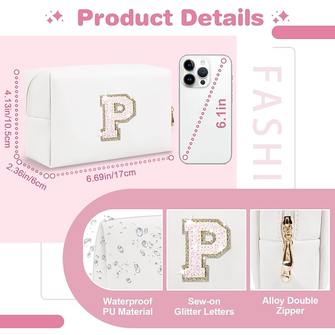 Small Initial Patch Makeup Bag Personalized Gifts Make Up Bag,White Cute PU Leather Glitter Letter Cosmetic Bag with Zipper,Trendy Portable Travel Toiletry Pouch,Preppy Stuff for Teen Girls Women P