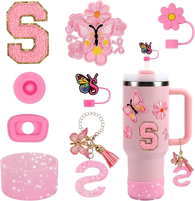 15PCS Cup Accessories Set for Stanley Cup 30oz 40oz Tumbler with Handle, Including Silicone Straw Cover and Boot, Spill Proof Stopper, Stanley Charms, Handle Charm, Initials Sticker