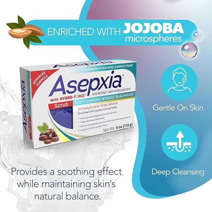 Asepxia Acne Treatment Scrub Cleansing Bar Soap | Removes pore-clogging dirt & impurities, Helps eliminate blackheads, Deep cleansing without blackheads, Salicylic Acid Cleanser, Size 4 Oz, 5-Pack
