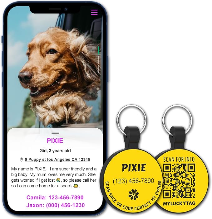 MYLUCKYTAG Silent Silicone QR Code Pet ID | Personalized Dog & Cat Collar Tag | Online Profile with Scanned Location Alert Email