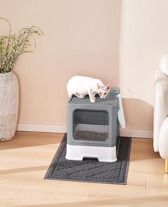 Medario Cat Litter Box with X-Large Litter Mat and Scoop(Upgrade Dark Grey) | Large Covered Litter Box with Lid, Enclosed Kitty Box,Front Top Entry Exit, Odor Control Easy to Clean