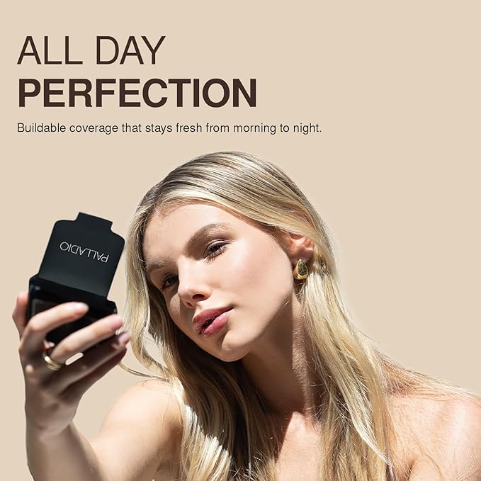 Palladio Dual Wet and Dry Foundation with sponge and Mirror Squalane Infused Apply Wet for Maximum Coverage or Dry for Light Finishing and Touchup Minimizes Fine Line All day Wear, Everlasting Tan