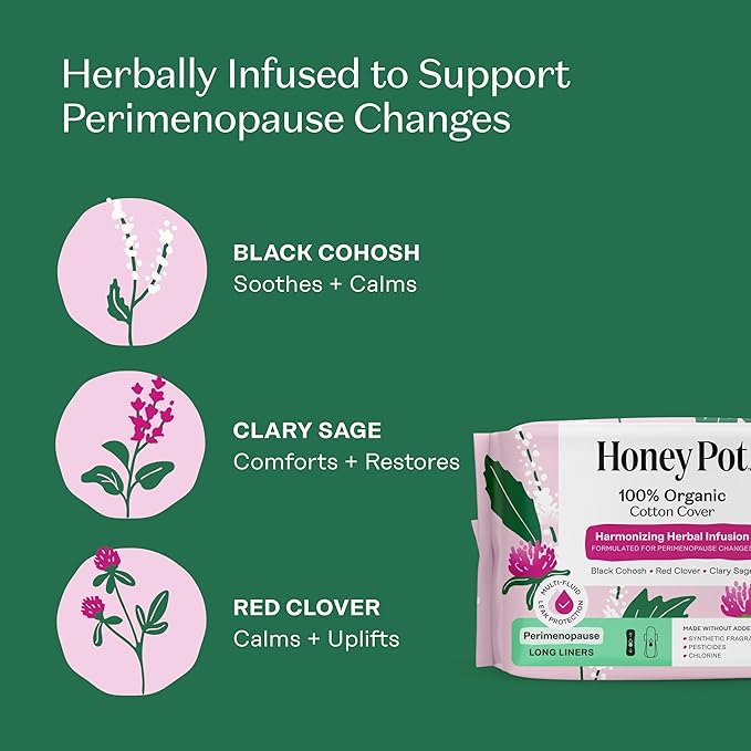 Honey Pot - Perimenopause Long Panty Liners for Women - 100% Organic Cotton Top Sheet - Feminine Care - Multi-Fluid Absorbency - Harmonizing Herbs of Black Cohosh, Clary Sage, & Red Clover - 120ct