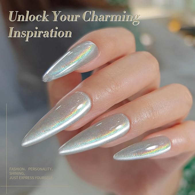 Born Pretty White Glitter Cat Magnetic Eye Gel Nail Polish, Holographic Glitter Iridescent Polish Soak Off Manicure Salon DIY Gifts 15ML