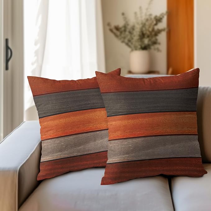 Kawani Wood Grain Throw Pillow Covers 18x18 Inch, Orange Brown Wooden Board Square Pillowcase Set of 2, Farmhouse Cotton Linen Cushion Covers for Couch Sofa Bed Bedroom Car Living Room