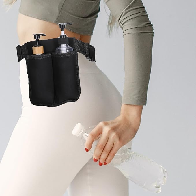 ElevateTech Massage Bottle Bag, Lotion Oil Waist Holder Organizer Adjustable Durable Black Portable Storage Pouch Belt Hanging Easy Access Accessories Gifts (Double-Sided)