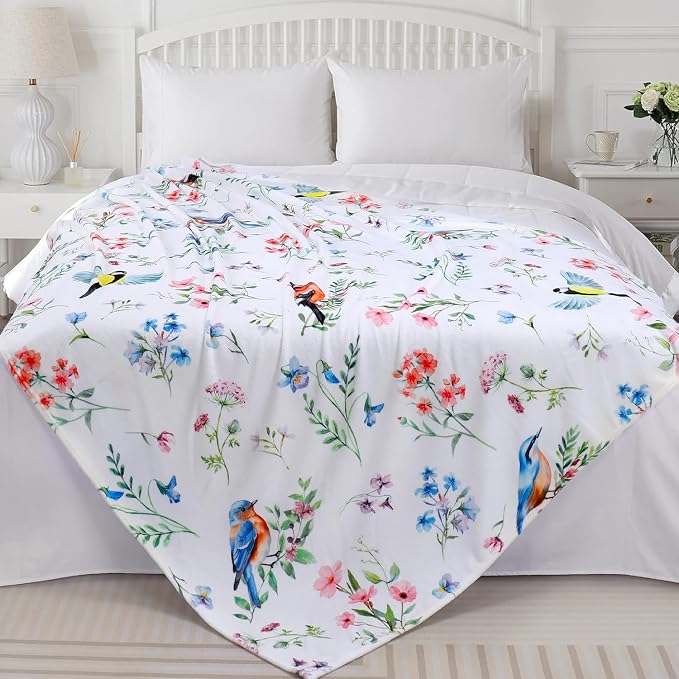 Floral Bird Blanket Ultra Soft Watercolor Flowers Throw Blankets Wildflower Flannel Fleece Throw Botanical Warm Cozy Fuzzy Plus Gifts Cabin Blanket for Bed Sofa,60" X 80"