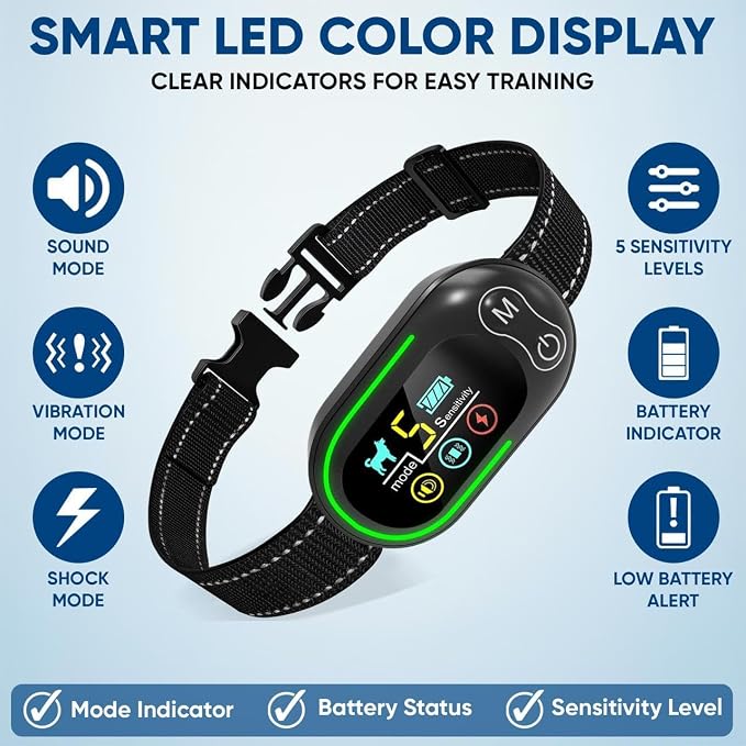 Smart Anti Bark Collar for Dogs | Rechargeable Dog Collar IP67 Waterproof with 5 Adjustable Sensitivity Levels | 3-in-1 Training Modes for All Dog Sizes with Dog tag| Stop Barking Instantly