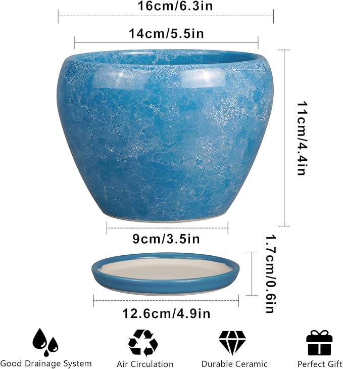 Ceramicfor 6 Inch Plant Pot - Ceramic Planter Pot with Drainage Hole and Saucer, Glaze Succulent Pot Modern Round Flower Pot for Indoor Plants, Blue