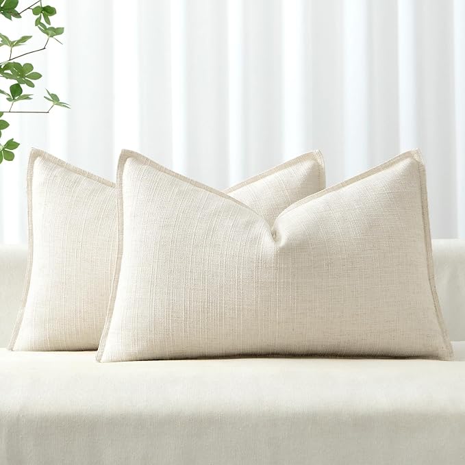 MIULEE Thick Textured Lumbar Throw Pillow Covers 20x12 Inch Natural Beige | Set of 2, Decorative Linen Pillow Cover, Flange Edge Design, Farmhouse Modern Boho Style, Bed Couch Living Room Decor