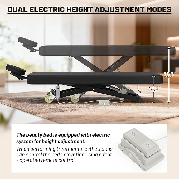 Electric Massage Table Bed - Facial Spa Treatment Table, Esthetician Bed with Wheel, Hand & Foot Pedal Dual Control Adjustable Height 440lbs, Professional Salon & Beauty Spa Use (Black)