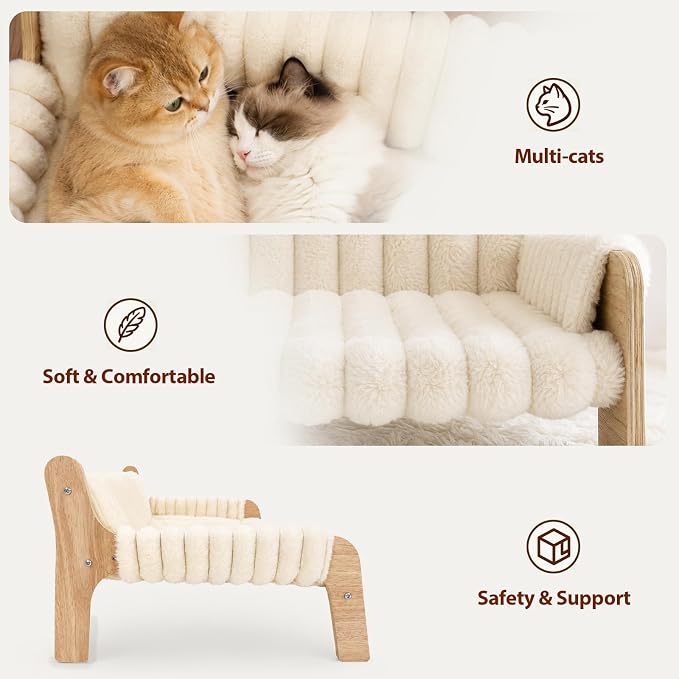 Elevated Cat Couch for Indoor Cats Wooden Cat Sofa for Kitty Puppy | Ultra-Soft Plush Raised Cat Bed,Removable Washable Cat Chair Hammock,Breathable Cat Furniture for Bedside Balcony Living Room