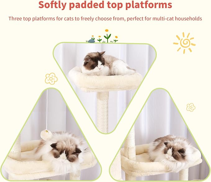 Hey-brother Cat Tree Tower with Stable Extended Base, 3 Platforms, MPJ038M | 70.9 Inches Multi-Level Sisal Scratching Posts, Wide Bed, 2 Cozy Condos, 2 Hammocks, Toy Balls for Indoor Cats, Beige