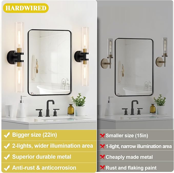 Indoi Hardwired Wall Sconces Set of Two, 22" Black and Gold Bathroom Sconces with Clear Glass, Modern Sconces Wall Decor Set of 2 Wall Light fixtures for Bathroom Mirror Living Room Hallway Bedroom