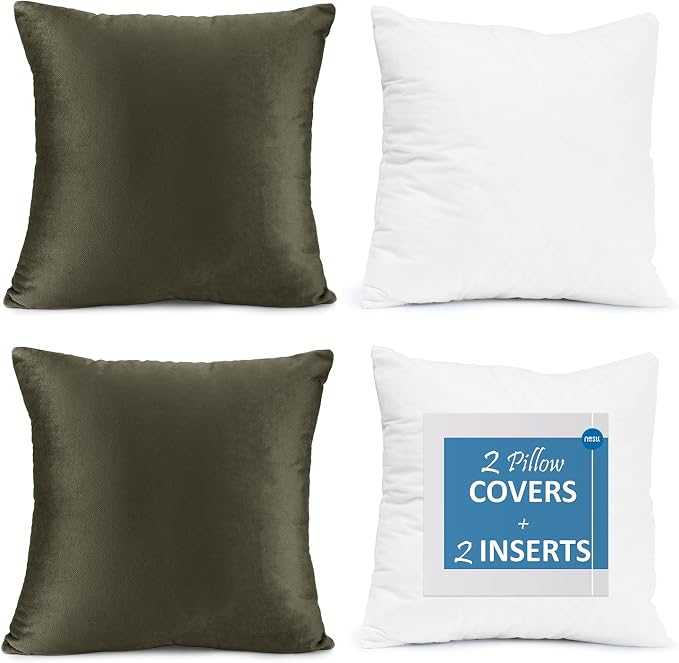 Nestl Throw Pillow Inserts Pack of 2 with Velvet Soft Solid Decorative Square Throw Pillow Covers Set for Sofa Couch Car Bedroom, 22X22 Throw Pillows Inserts with 20x20 Washable Cushion Covers, Khaki