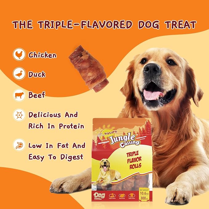 Jungle Calling Triple Flavor Rolls Dog Treats, Chicken Duck & Beef, 10.6 oz | Rawhide Free Treat for Small, Medium & Large Breeds, Limited Ingredient Chews Perfect for Daily Reward, Easily Digestible