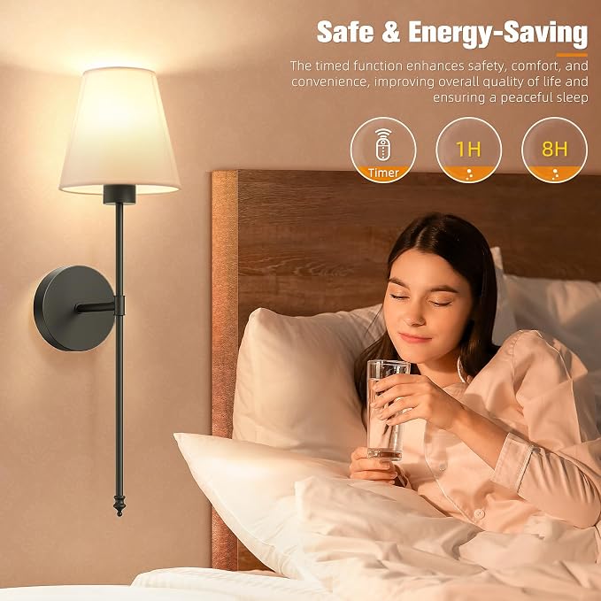 19.9 inch Battery Operated Wall Sconce Set of 2,Black Rechargeable Wall Lights with 10400mAh Dimmable Detachable Bulbs and Remote,10 Colors Wireless Sconces for Bedroom Living Room Hallway
