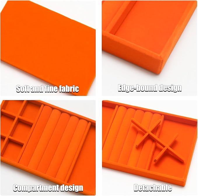 Velvet Jewelry Trays for Drawers, Orange 3-in-1 | Stackable Jewelry Drawer Organizer, Ring Earring Necklace Holder Organizer Storage Display Tray with Removable Dividers