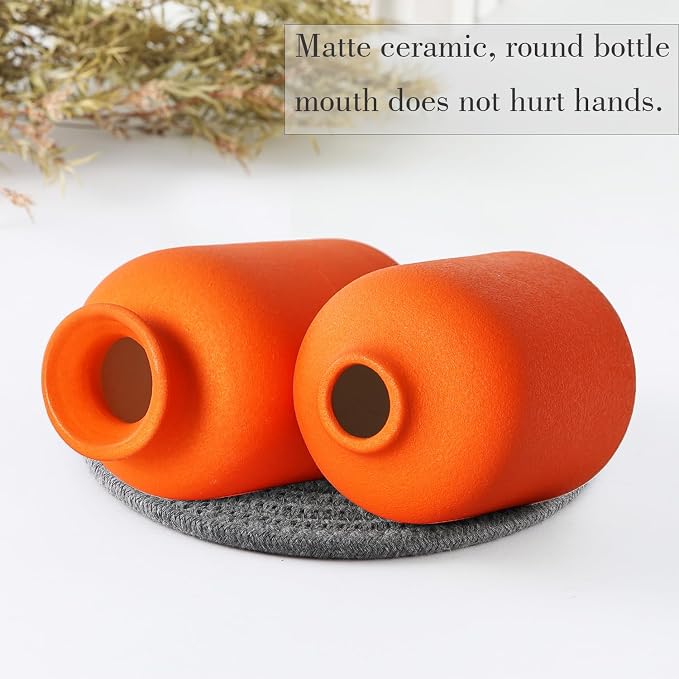 CEMABT Ceramic Orange Vases Set of 3 Small Flower Vases for Decor, Modern Rustic Farmhouse Home Decor, Decorative Vases for Pampas Grass,Idea Shelf,Table,Bookshelf,Entryway- Distressed Decor
