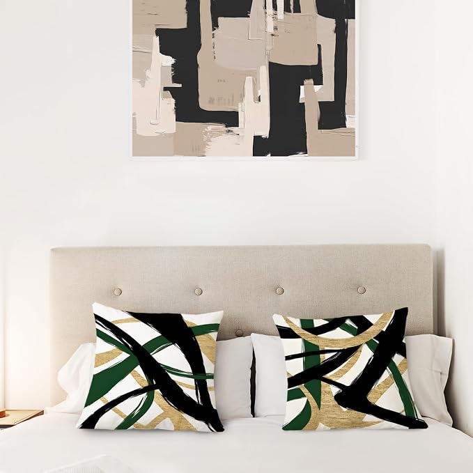 Black Gold and Green Pillow Covers, Abstract Black and Gold Pillow Covers 20x20 Set of 2, Modern Boho Decorative Throw Pillows Cover for Couch Bed Living Room